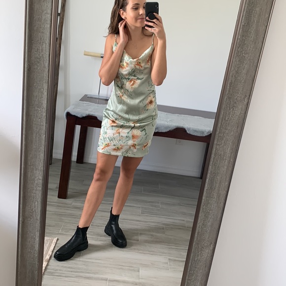 Mint Green Satin Floral Print Cami Dress Draped Collar Strap / SHEIN - Picture 4 of 10